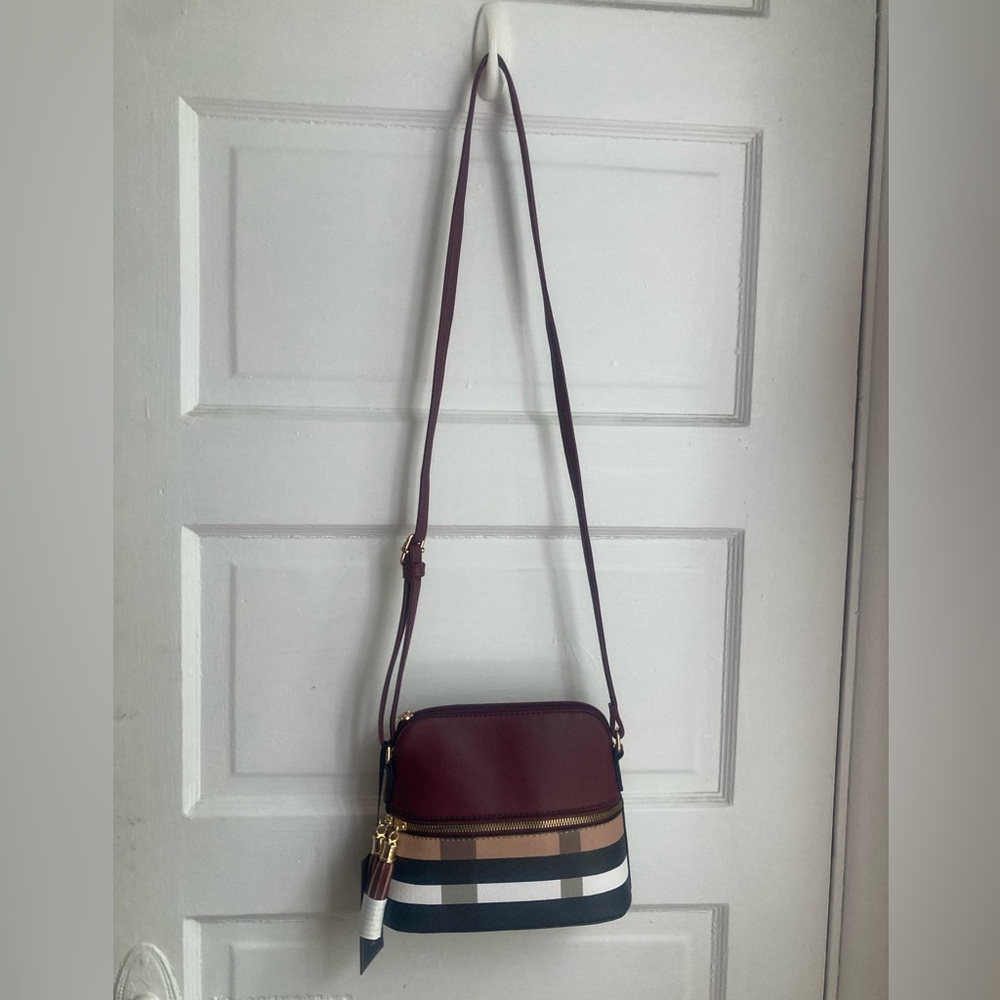 Burgundy and Multicolor Plaid Vegan Leather Crossbody Bag - Picture 5 of 16